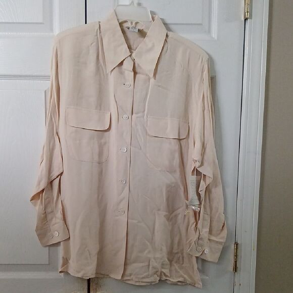Anna Gray vintage tan button down long sleeve silk blouse Sz L NWT - Picture 1 of 9